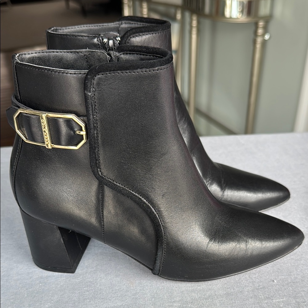 Cole Haan Black and Gold Ankle Booties with Chic Buckle